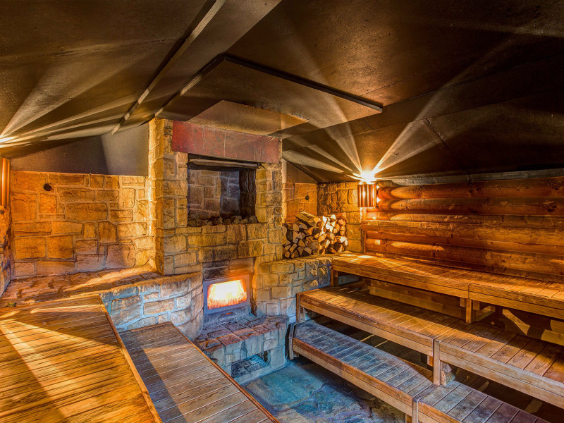 Robuuste donkere sauna met veel hout